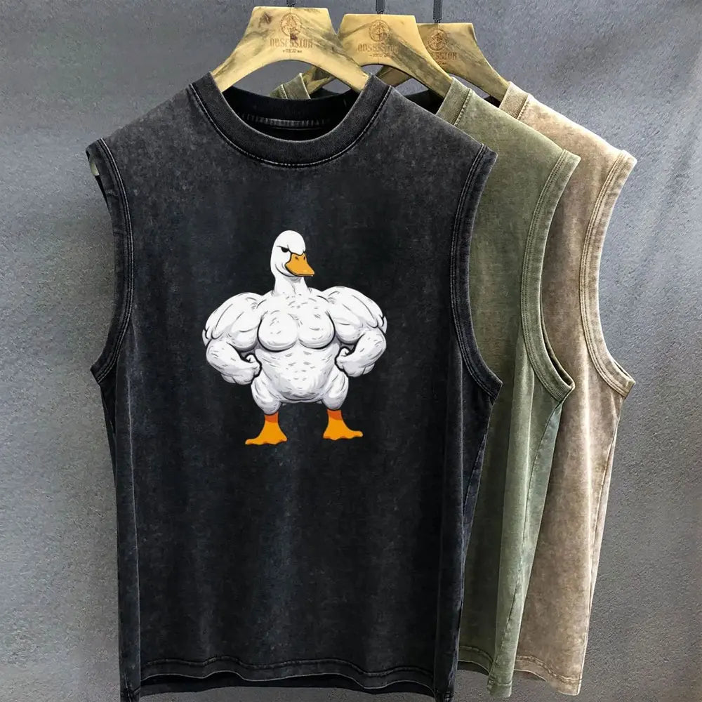 Oversized T Shirt for Men Vintage Washed Muscle Duck Cartoon Graphic Print Tank Top Sleeveless Vest Woman Gym Y2k Clothes Summer