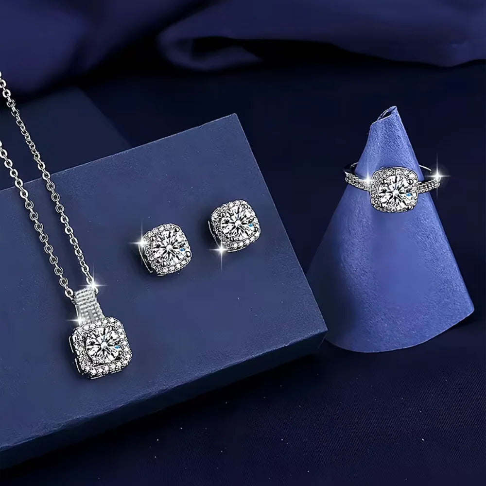 3pcs Set Luxury Brand Shiny Geometric Square Zircon Necklace Earring Rings for Women Charm Fashion Jewelry Set Anniversary Gift