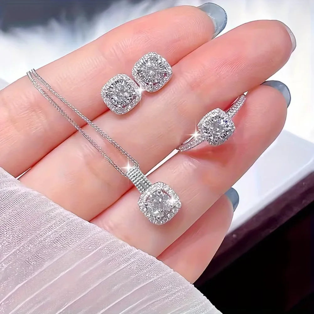3pcs Set Luxury Brand Shiny Geometric Square Zircon Necklace Earring Rings for Women Charm Fashion Jewelry Set Anniversary Gift