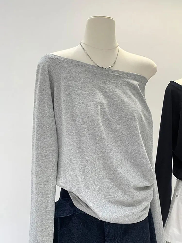 Oversize Off shoulder Long sleeve T shirt Women Solid color Casual Tops Lady Spring Autumn Basic Tees Korean style Youth Blouses