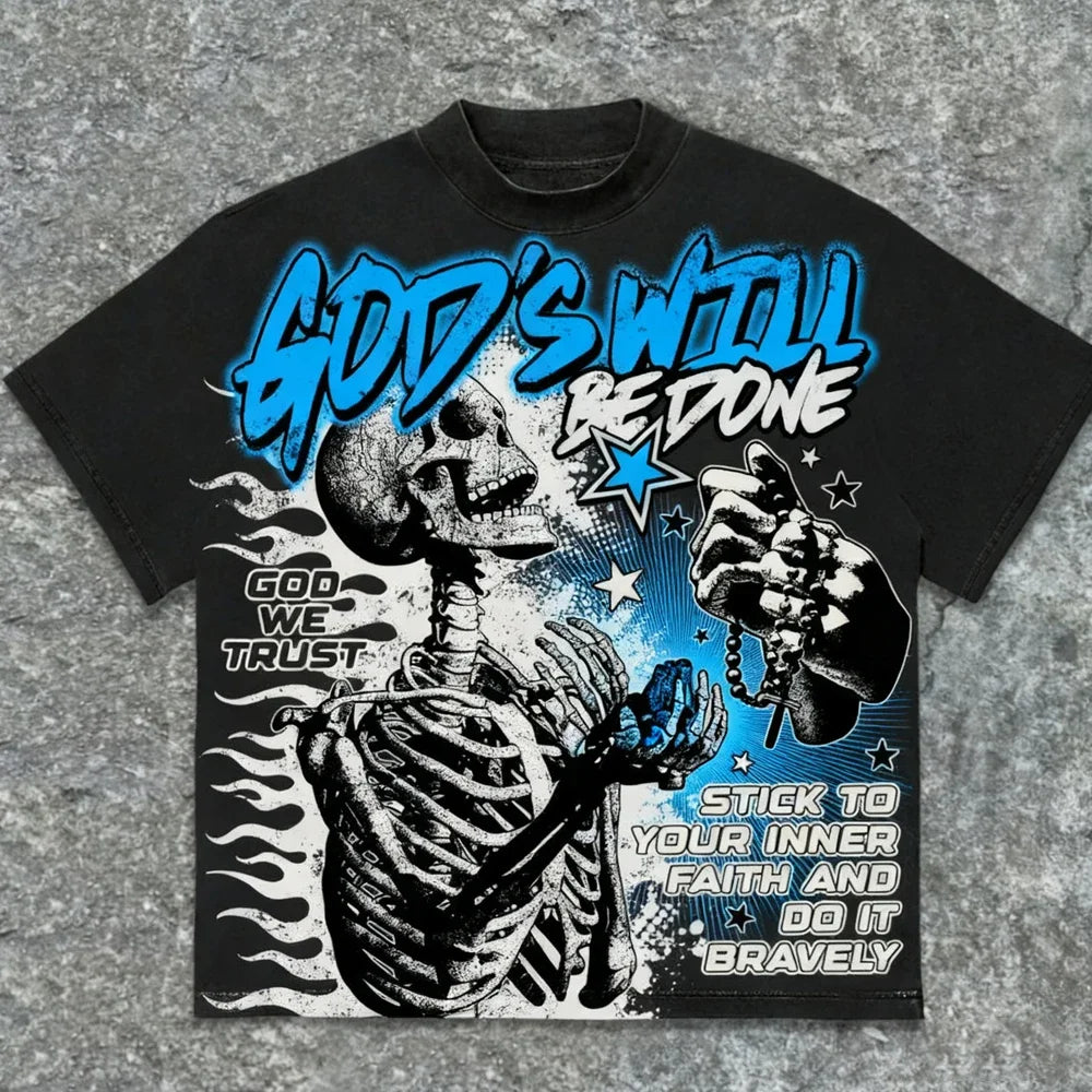 Black t-shirt with a skeleton graphic and text on a gray background