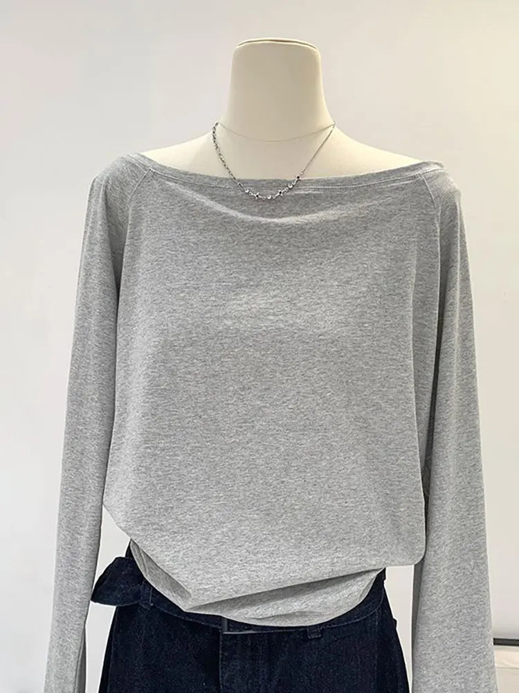 Oversize Off shoulder Long sleeve T shirt Women Solid color Casual Tops Lady Spring Autumn Basic Tees Korean style Youth Blouses