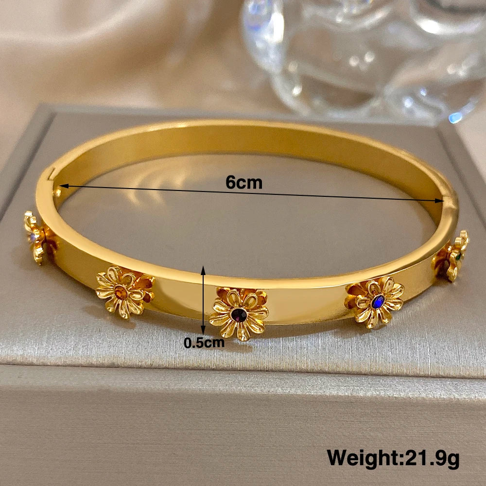 Fashion Stainless Steel Flower Inlay Rhinestone Wrist Cuff Bangles Bracelets For Women Men Chic Waterproof Charms Jewelry Gift